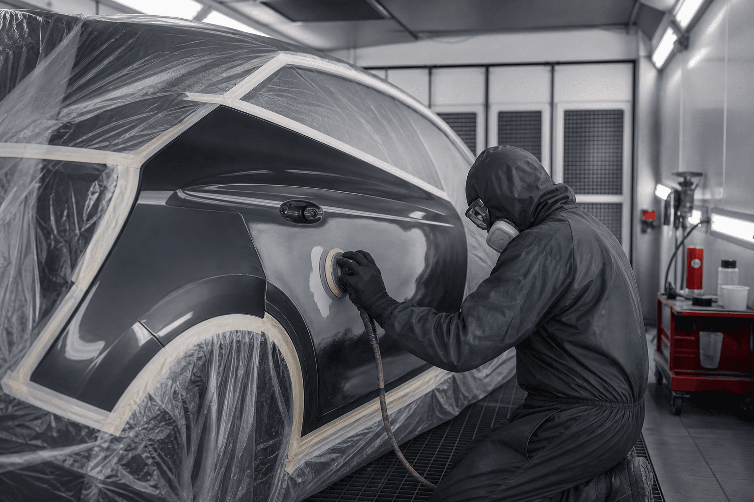 Illustrative bodyshop scene showing a technician preparing a masked vehicle panel for refinishing