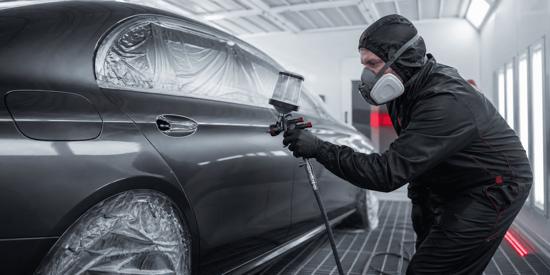 Bodyshop technician spray painting a vehicle panel in a professional paint booth