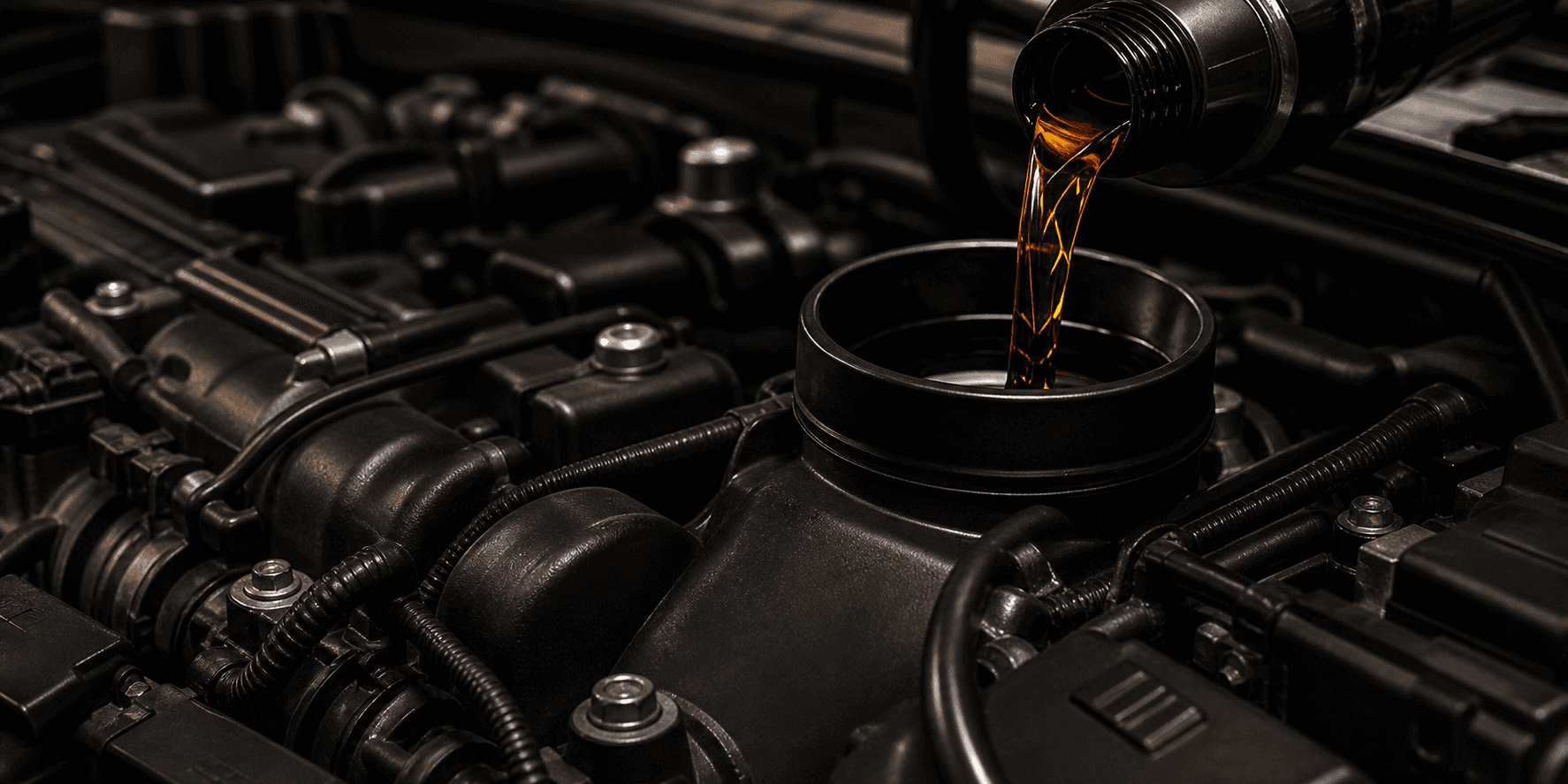 Fresh engine oil being poured during routine servicing
