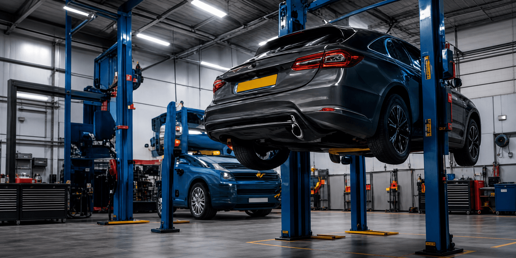 Car raised on a lift in an MOT inspection bay