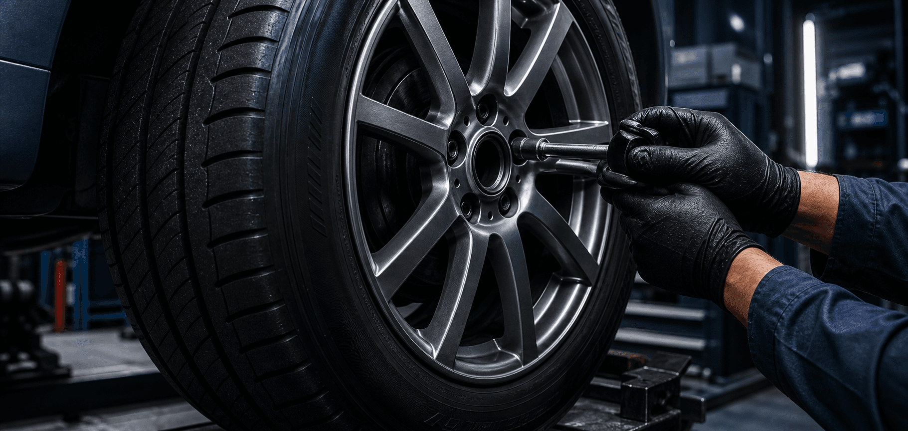 Technician fitting a performance tyre and alloy wheel